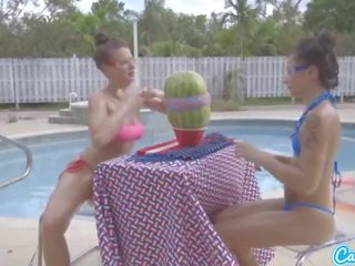 Camsoda teens with big ass and big tits begin a watermelon explode with rubber ba